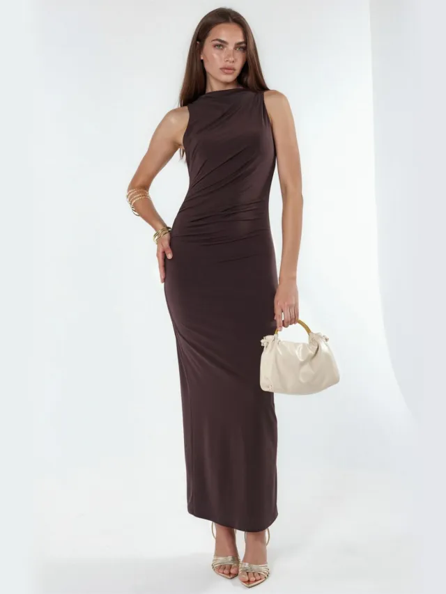 Hiccup Gekruiste Detail Bodycon Maxi Jurk Kastanjebruin