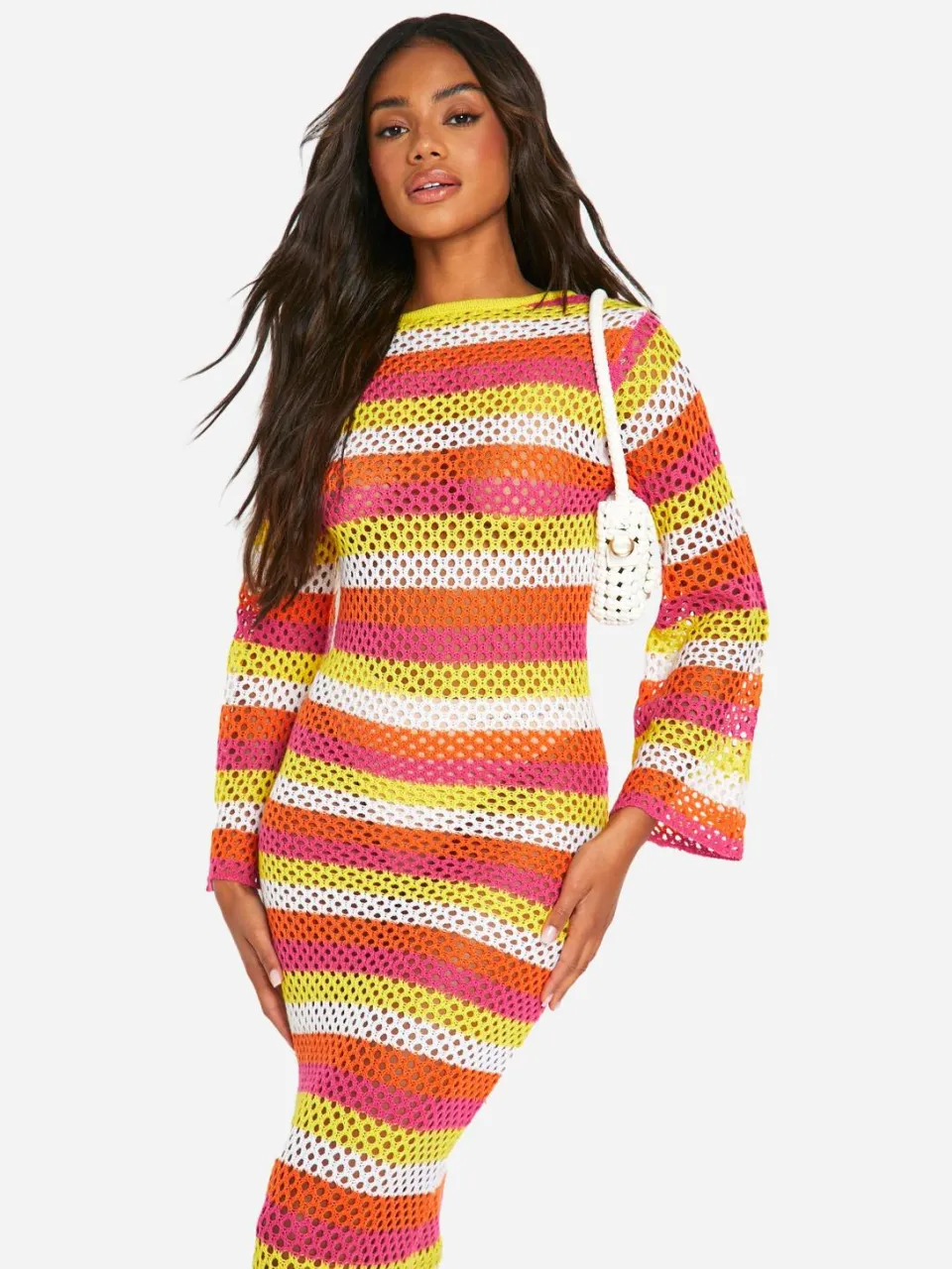 boohoo Dames Gestreepte Haakwerk Scoop Maxi Gebreide Maxi Jurk roze, foto 2