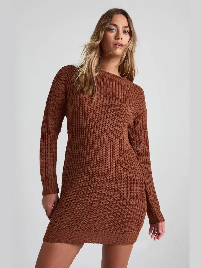 boohoo Dames Crew Neck Mini Jumper Jurk Toffee