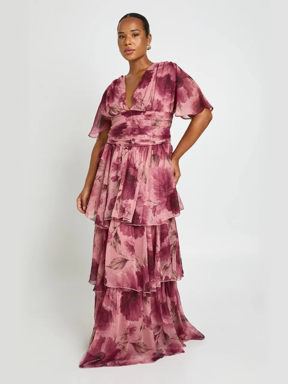 boohoo Dames Plus Chiffon Gelaagde Maxi Jurk Met Diepe V-hals roos, foto 2