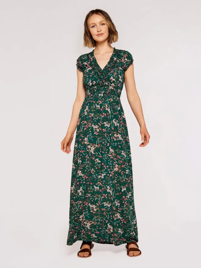 Apricot Maxi-jurk met kleine botanische bloemenprint groen