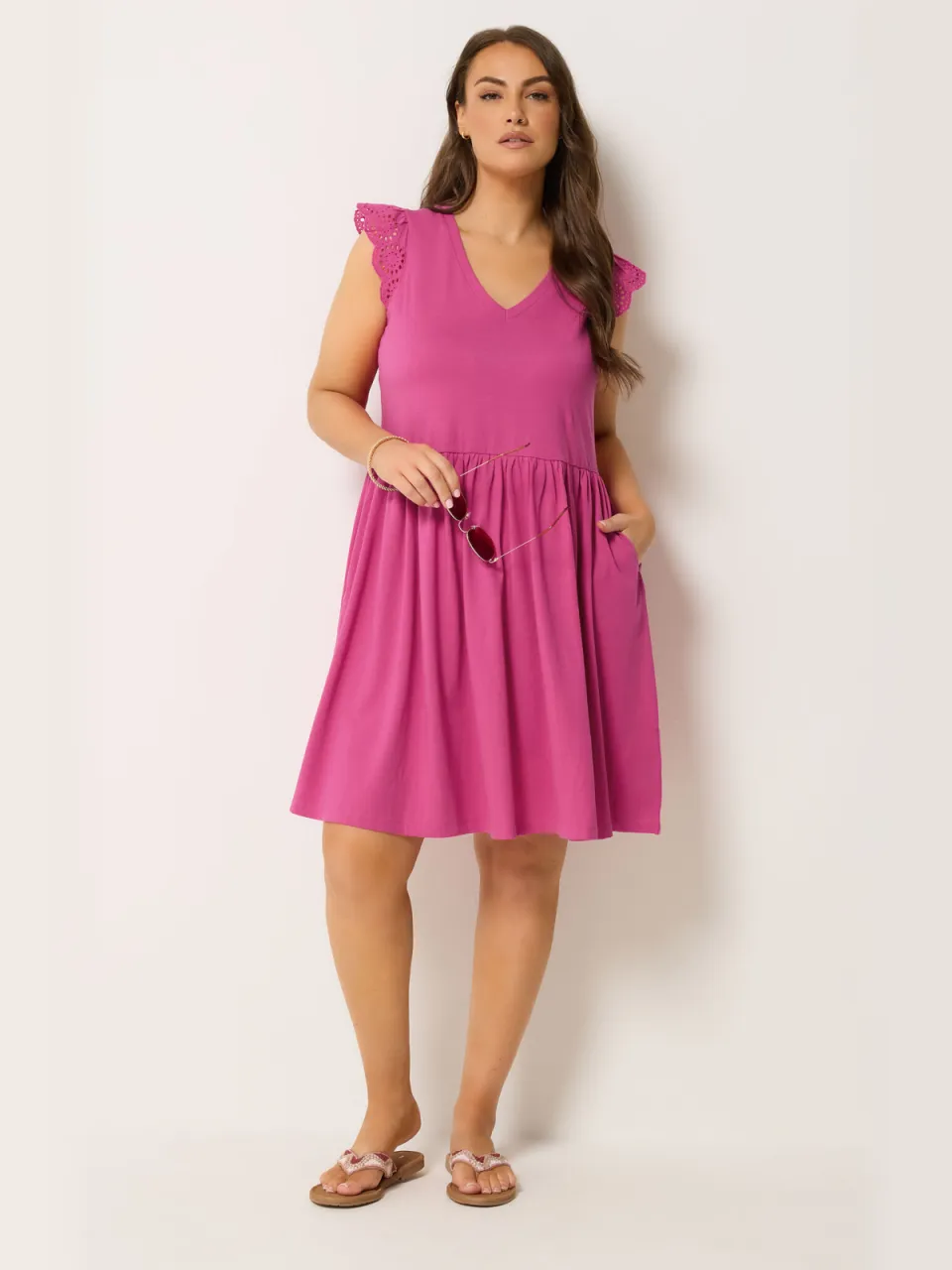 Yours Roze Jurk Met Broderie Anglaise Peplum-56 Pink