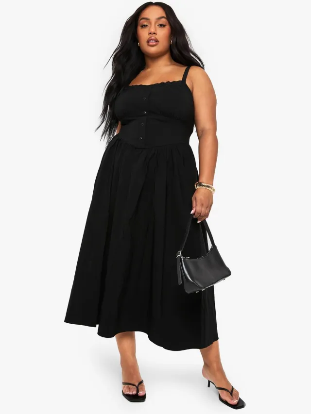 boohoo Dames Plus Bengaline midaxi skaterjurk met kanten afwerking Zwart