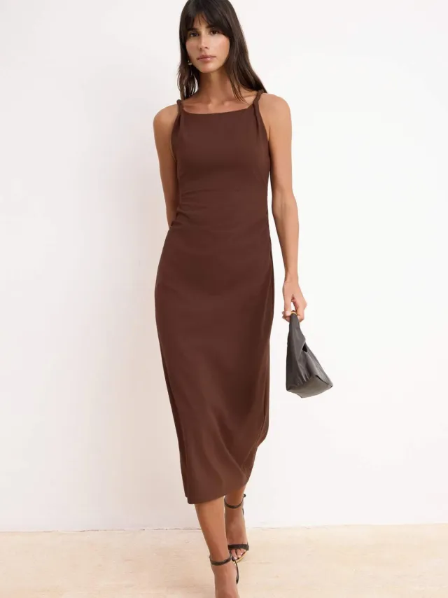 Trendyol TRENDYOLMİLLA Dames Bruin Effen Maxi Mouwloos Avond / Dagelijks Bodycon Jurken