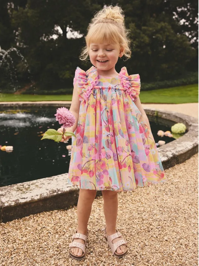 Next Meisjes - Mesh jurk met ruche op de schouders - Roze Pink