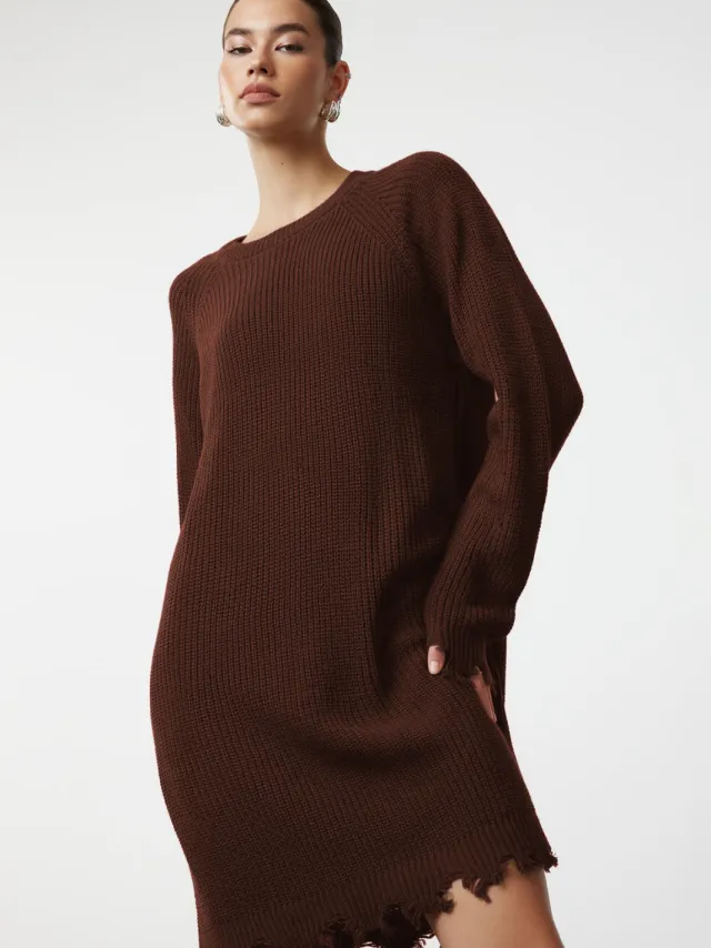 Trendyol TRENDYOLMİLLA Dames Bruin Effen Extra Kort / Super Mini Lang Casual Recht Jurken