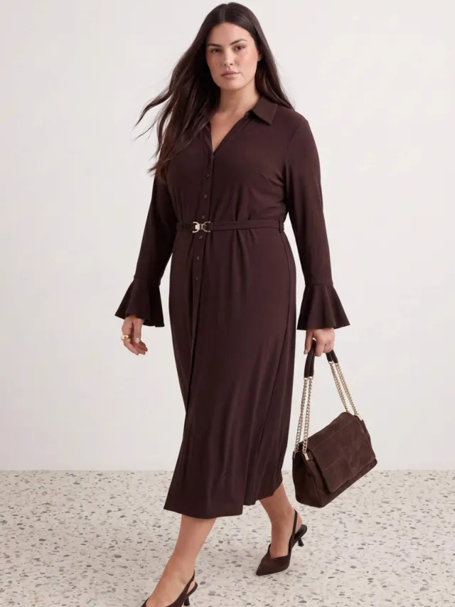 Trendyol Curve Dames Bruin Effen Maxi Lang Recht Grote maten Jurk