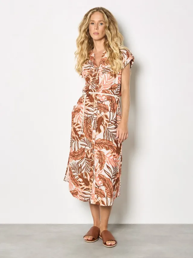 Apricot Midi-jurk met tropisch bladmotief bruin / cream