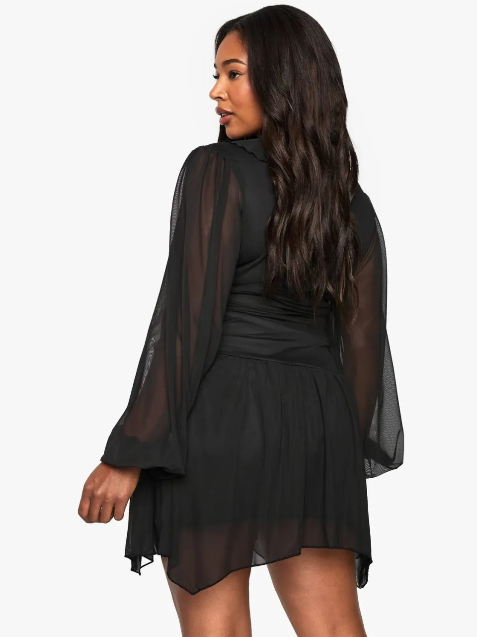 boohoo Dames plus mesh rokjurk met ruches en skaterjurk zwart, foto 2