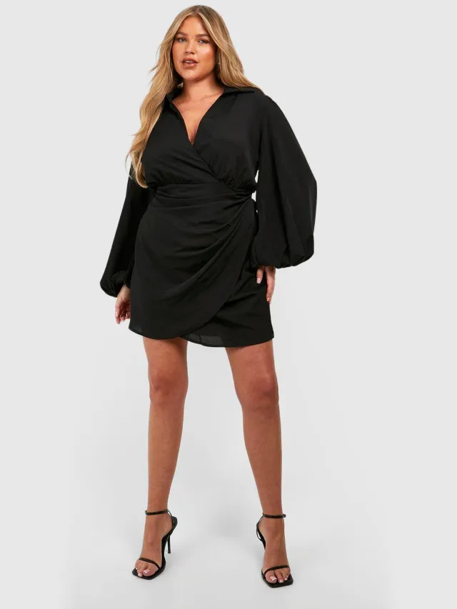 boohoo Dames Plus Blouson Mouw Wrap Jurk Zwart