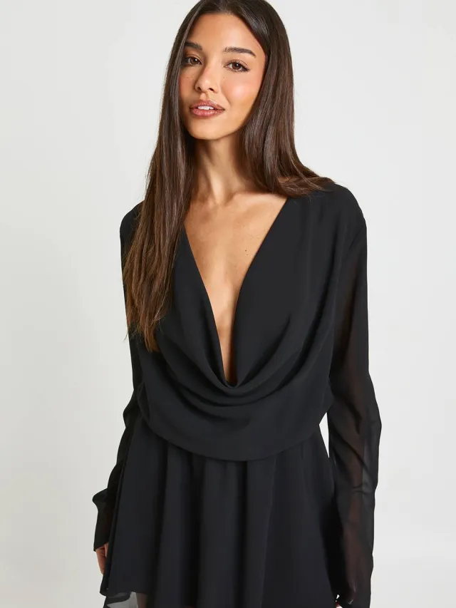 boohoo Dames Chiffon Diepe Cowl Mini Jurk zwart