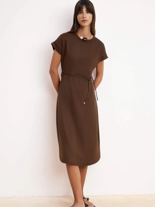 Trendyol TRENDYOLMİLLA Dames Bruin Effen Midi Driekwart mouw Casual A-lijn Jurken