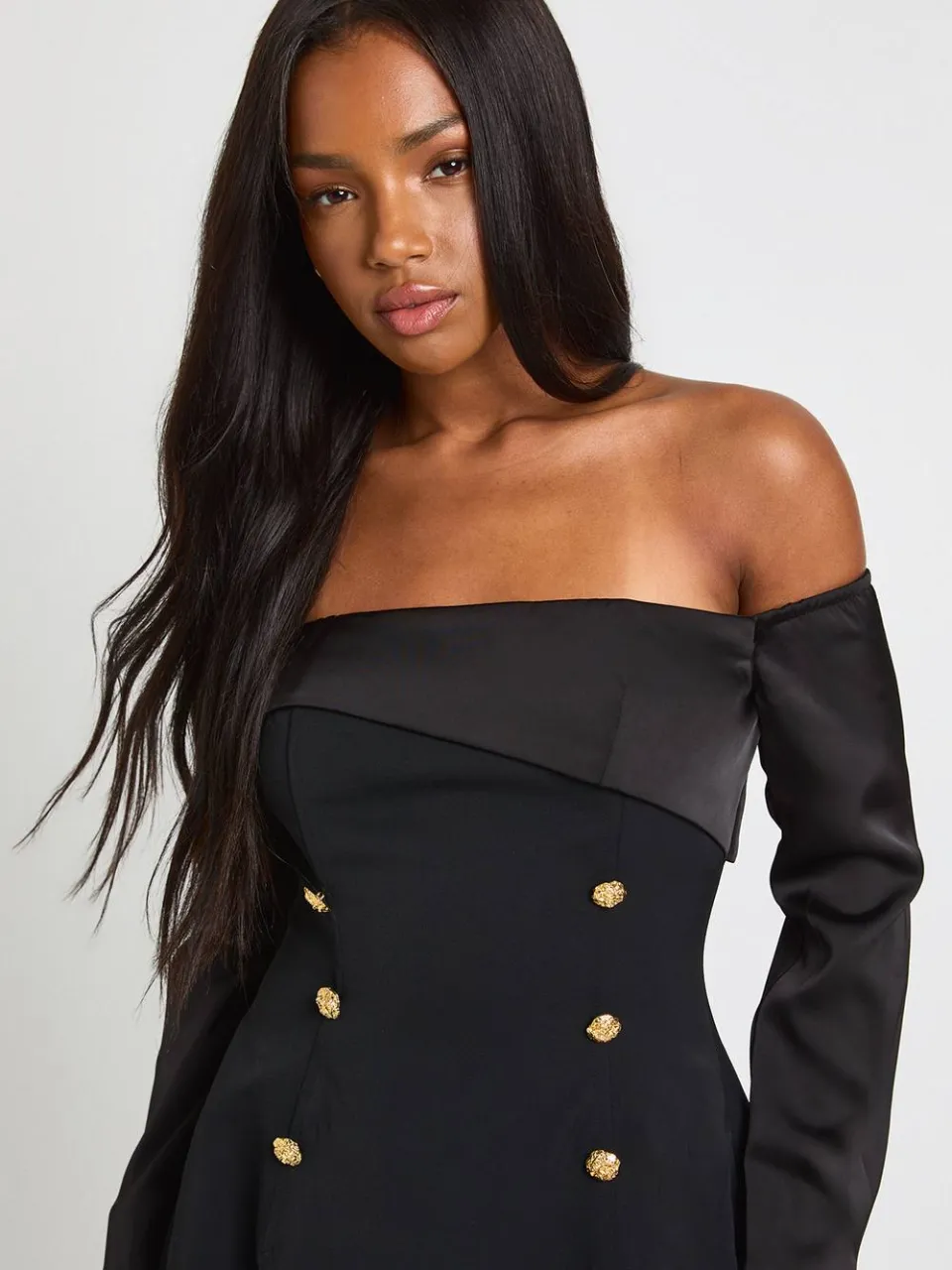 boohoo Dames Bardot lange mouwen getailleerde mini-jurk zwart, foto 4