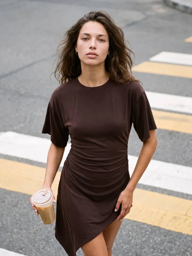 boohoo Dames T-shirt Jurk Met Ronde Hals, Schoudervulling En Drapeerdetail Mokka