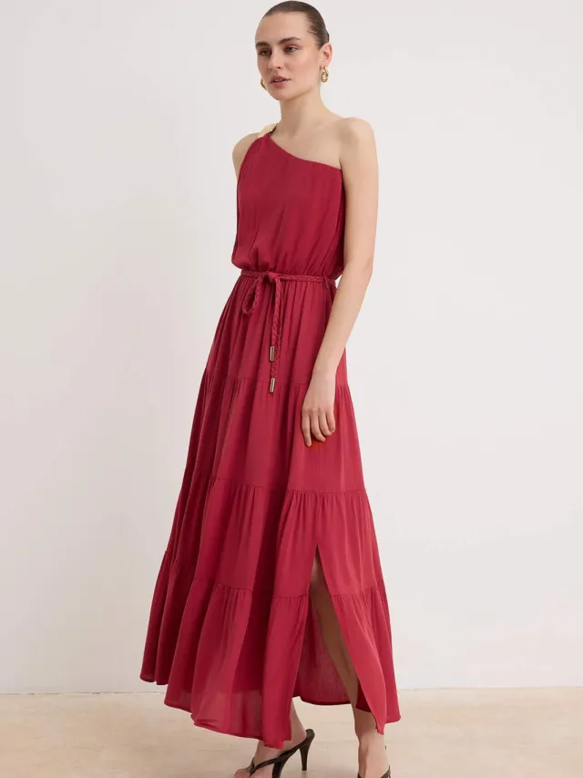 Trendyol TRENDYOLMİLLA Dames Bordeaux Effen Maxi Mouwloos Skater Jurken Kersenrood