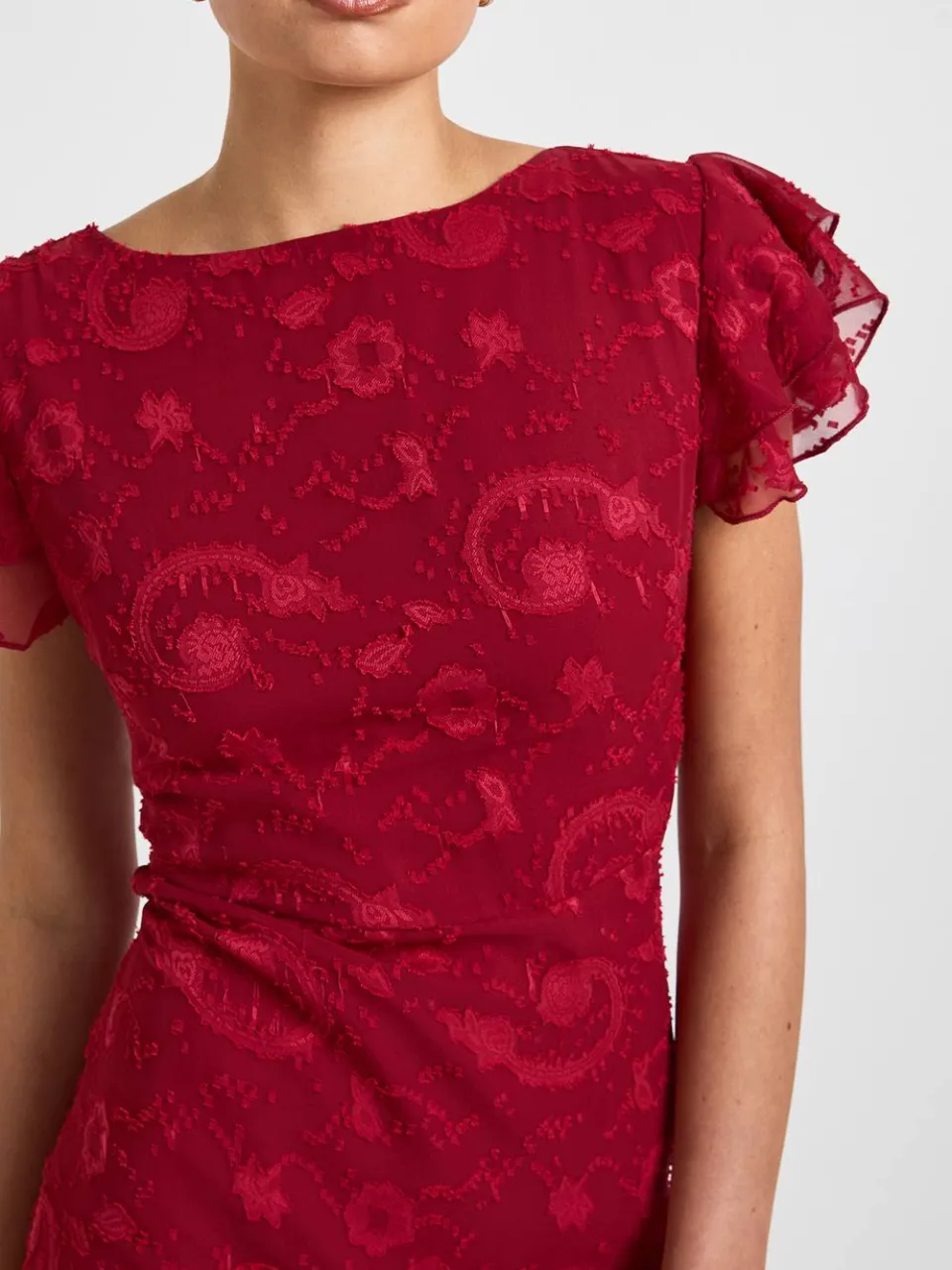 boohoo Dames Bloemen Burnout Ruffle Zoom Maxi Jurk merlot, foto 3