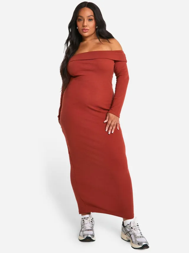 boohoo Dames Plus Basic Rib Bardot Maxi Jurk Roest
