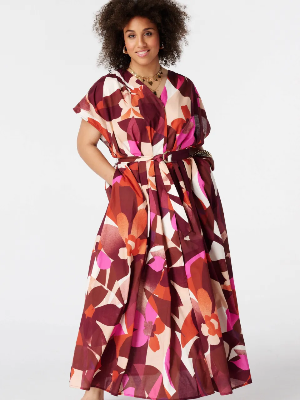 MS Mode jurk met ceintuur, Plus Size en print - meerkleurig Multi orange