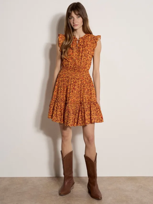 Apricot Mini-jurk met kleine bloemenprint en ruches mosterd