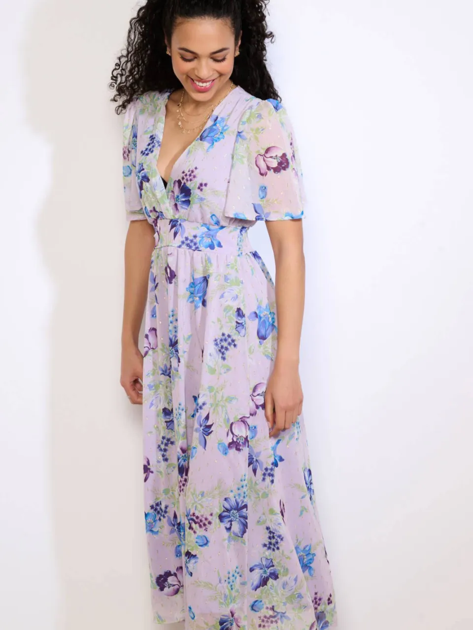 LOLALIZA gebloemde midi jurk met lurex lila, foto 3