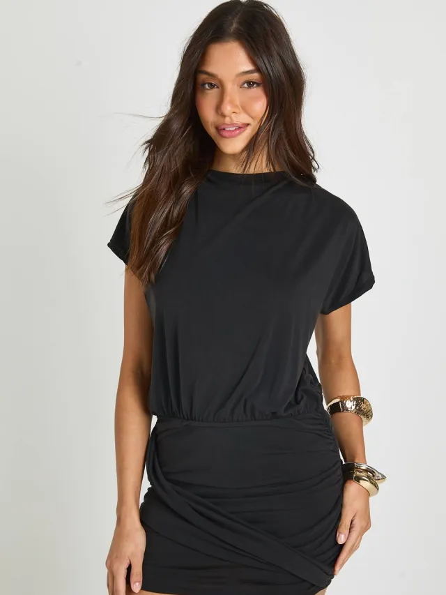 boohoo Dames Superzachte Mini-jurk Met Waterval-rug En Gekruist Geplooid Zoom zwart, foto 2