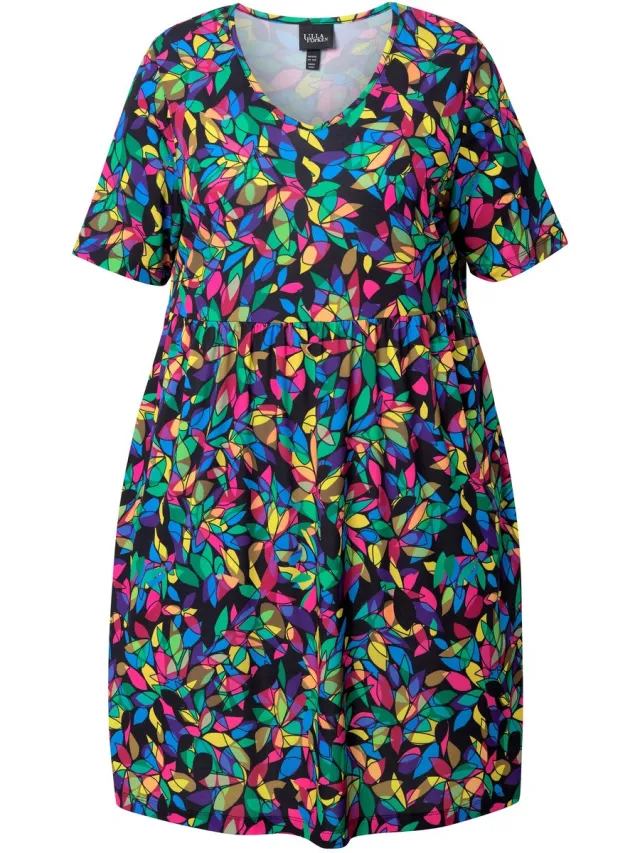 Ulla Popken Dames - Longshirt A-lijn V-halslijn halve mouwen zakken - Zwart - Maat 58+