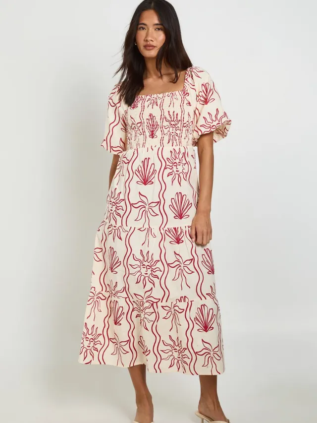 boohoo Dames Schelp Print Linnen Look Volume Mouw Gelaagde Midaxi Jurk Rood