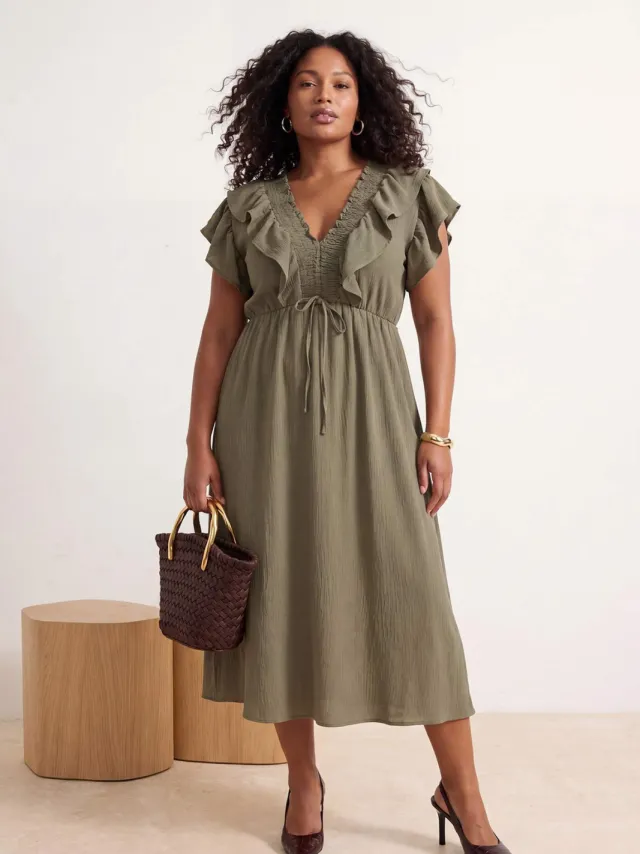 Trendyol Curve Dames Kaki Effen Midi Mouwloos Casual A-lijn Grote maten Jurk