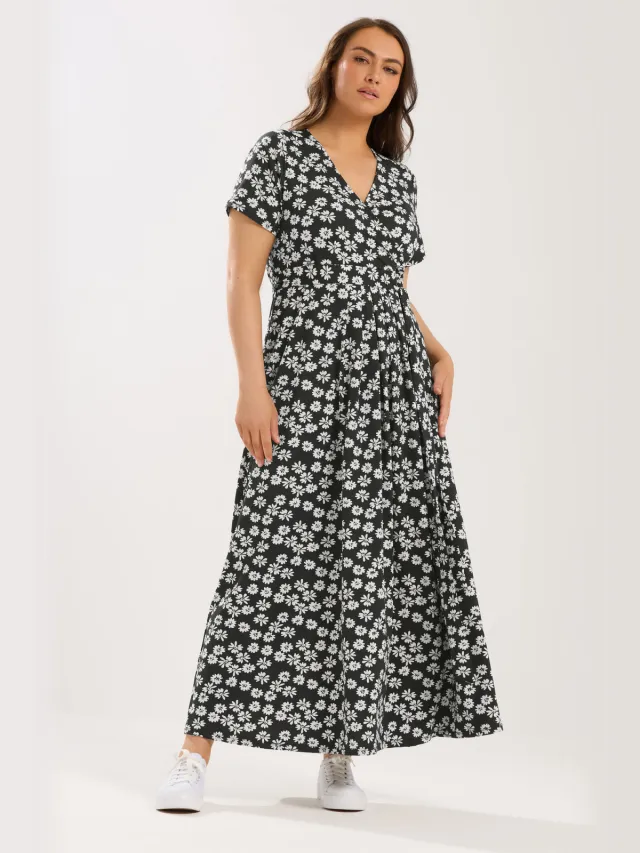 Yours Zwarte Maxiwikkeljurk Met Bloemenprint En Korte Mouwen Black