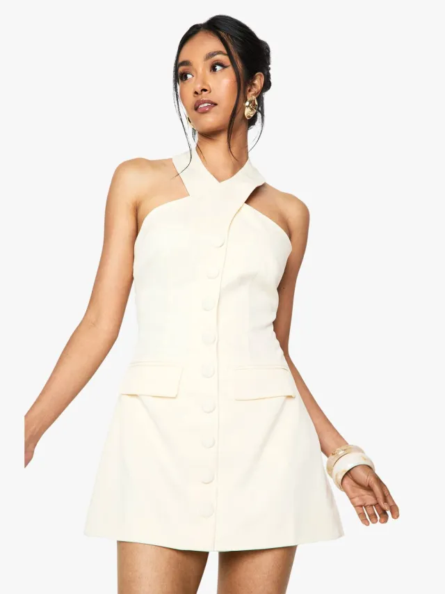 boohoo Dames Halterneck Tailored Micro Mini Jurk Ivoor
