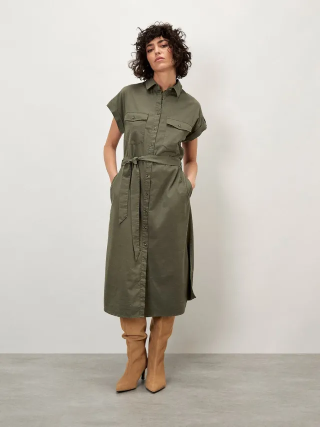 Apricot Midi-shirtjurk van katoenmix Kaki