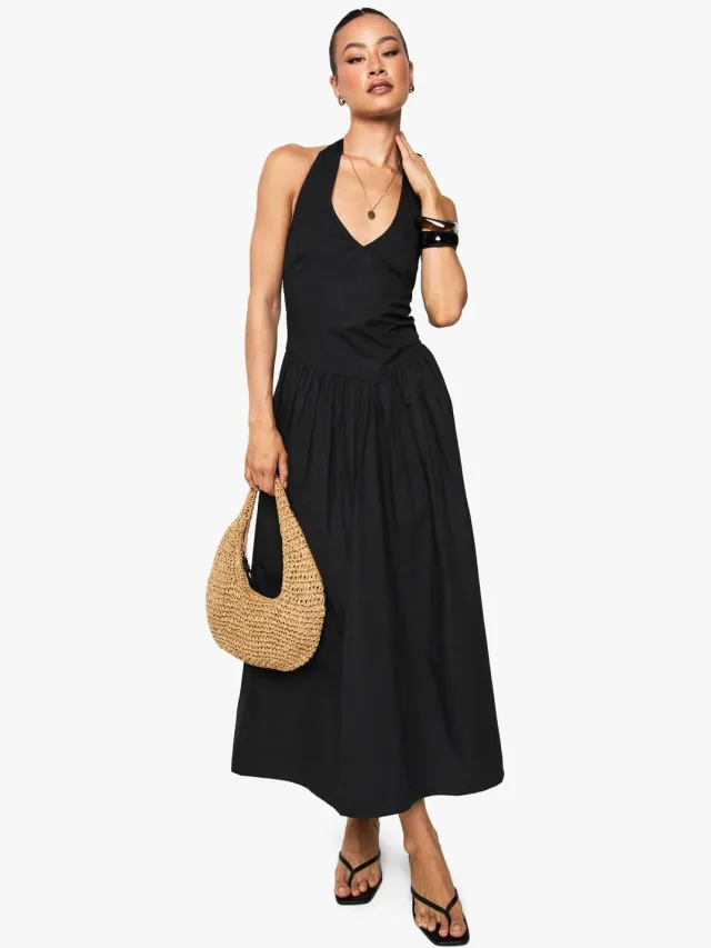 boohoo Dames Hoge katoenen popeline halterneck midilange jurk Zwart