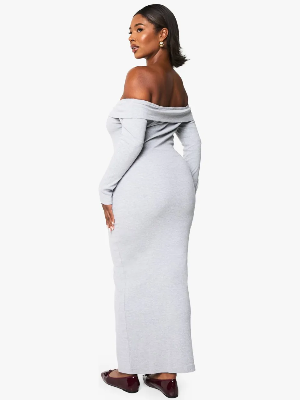 boohoo Dames Plus Basic Geribbelde Bardot Maxi Jurk grijze mergel, foto 2