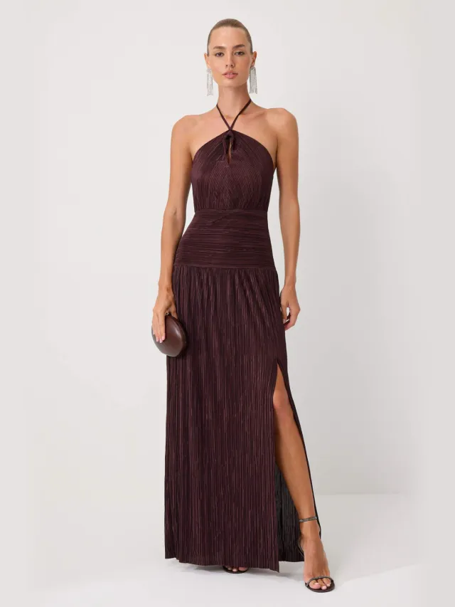 Trendyol TRENDYOLMİLLA Dames Bruin Effen Maxi Mouwloos Recht Avond & Gala Jurk Donkerbruin