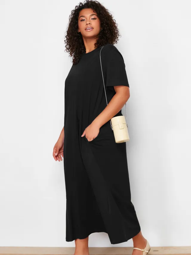 Trendyol Curve Dames Zwart Effen Maxi Kort Casual Recht Grote maten Jurk, foto 2
