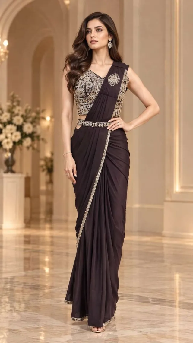Simhera Threads Dark Purple Ready-to-Wear Saree with Embellished Blouse