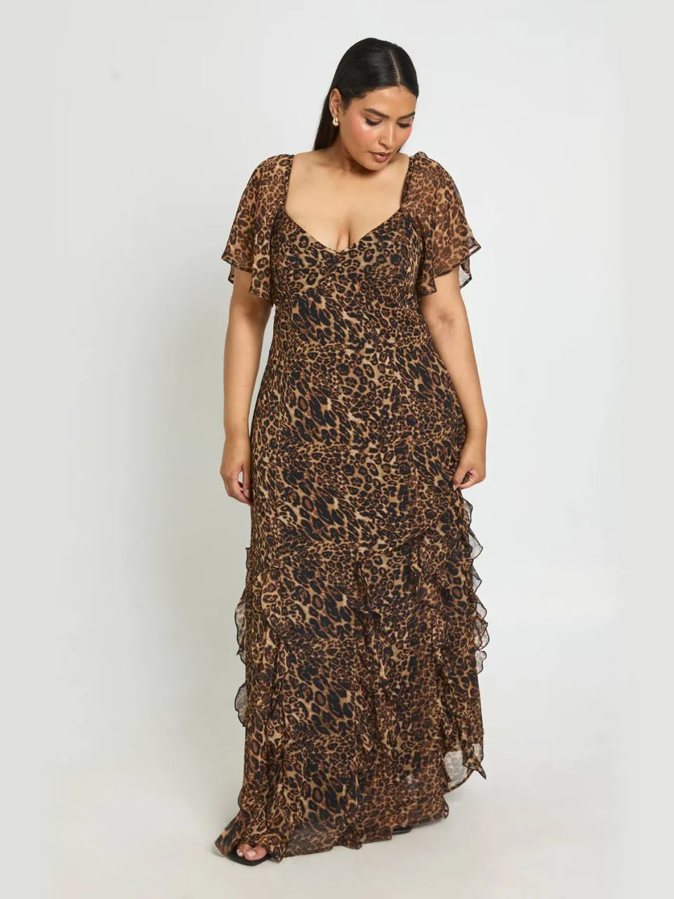 boohoo Dames Plus Maat Luipaardprint Chiffon Pofmouw Ruches Maxi Jurk, foto 2