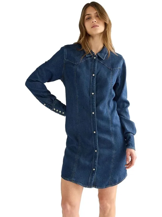 Wrangler Denim Lang Mouw Jurk Blauw Vrouw Dark Stone