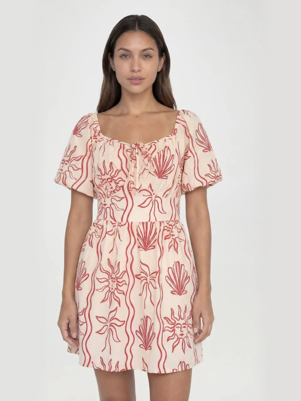 boohoo Dames Lange Mini-jurk Met Schelpenprint En Volumineuze Mouwen In Linnenlook rood, foto 3