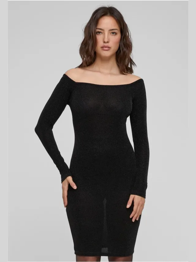 Urban Classics Off Shoulder Longsleeve Glitter Bodycon jurk - M - Zwart