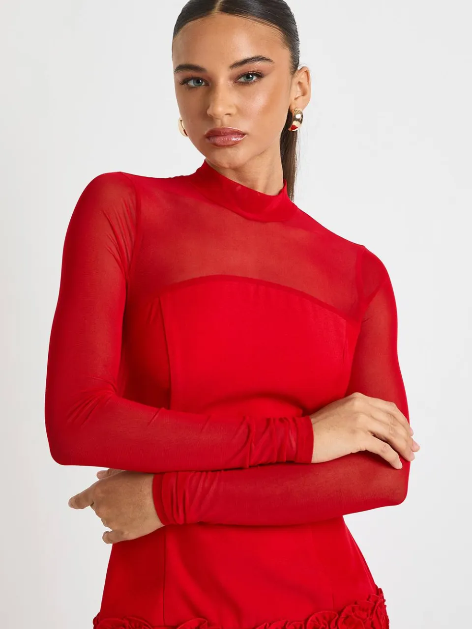 boohoo Dames 3D Bloemen Mesh met panelen Mini Jurk rood, foto 4