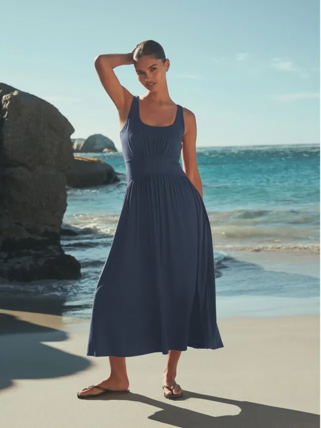 Next Dames - Jersey petite midi-jurk met tailleband - Petite - Blauw Navy Blue
