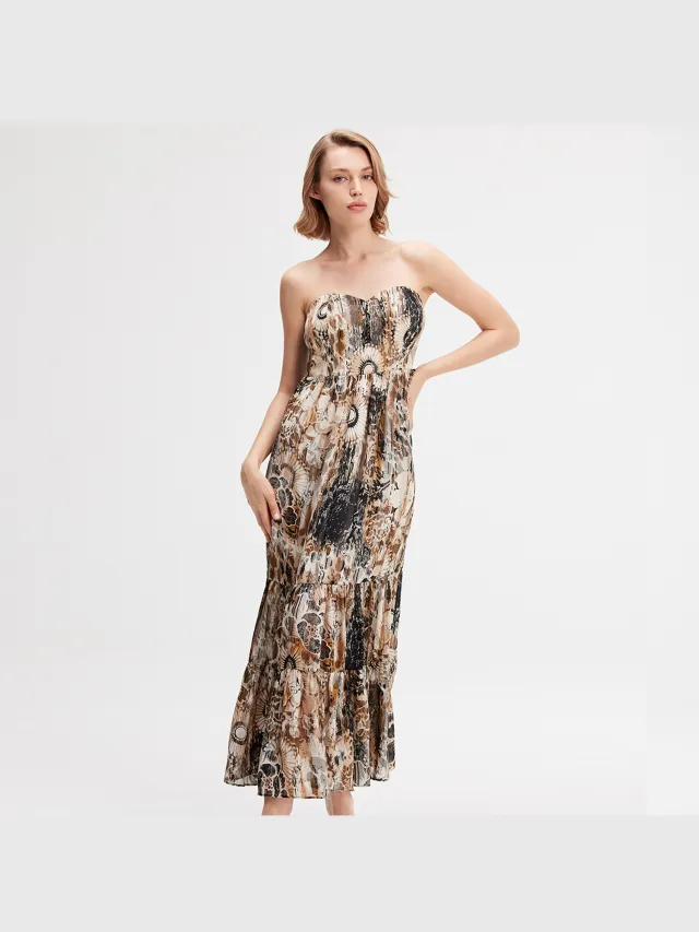 Smart & Joy Bustier Chiffon Maxi -jurk met abstracte bloemenprint Beige