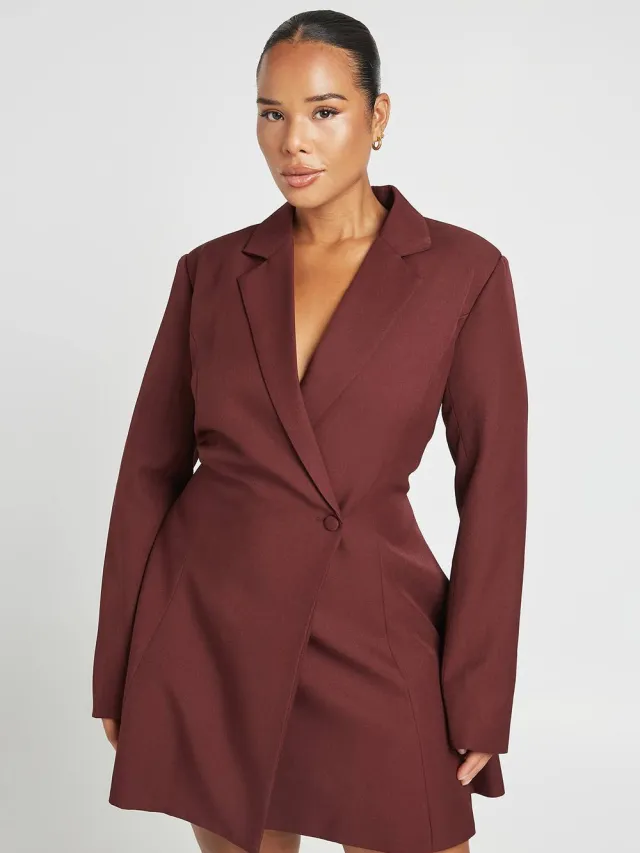 boohoo Dames Plus Maat Wikkel Skater Blazer Jurk Pruim