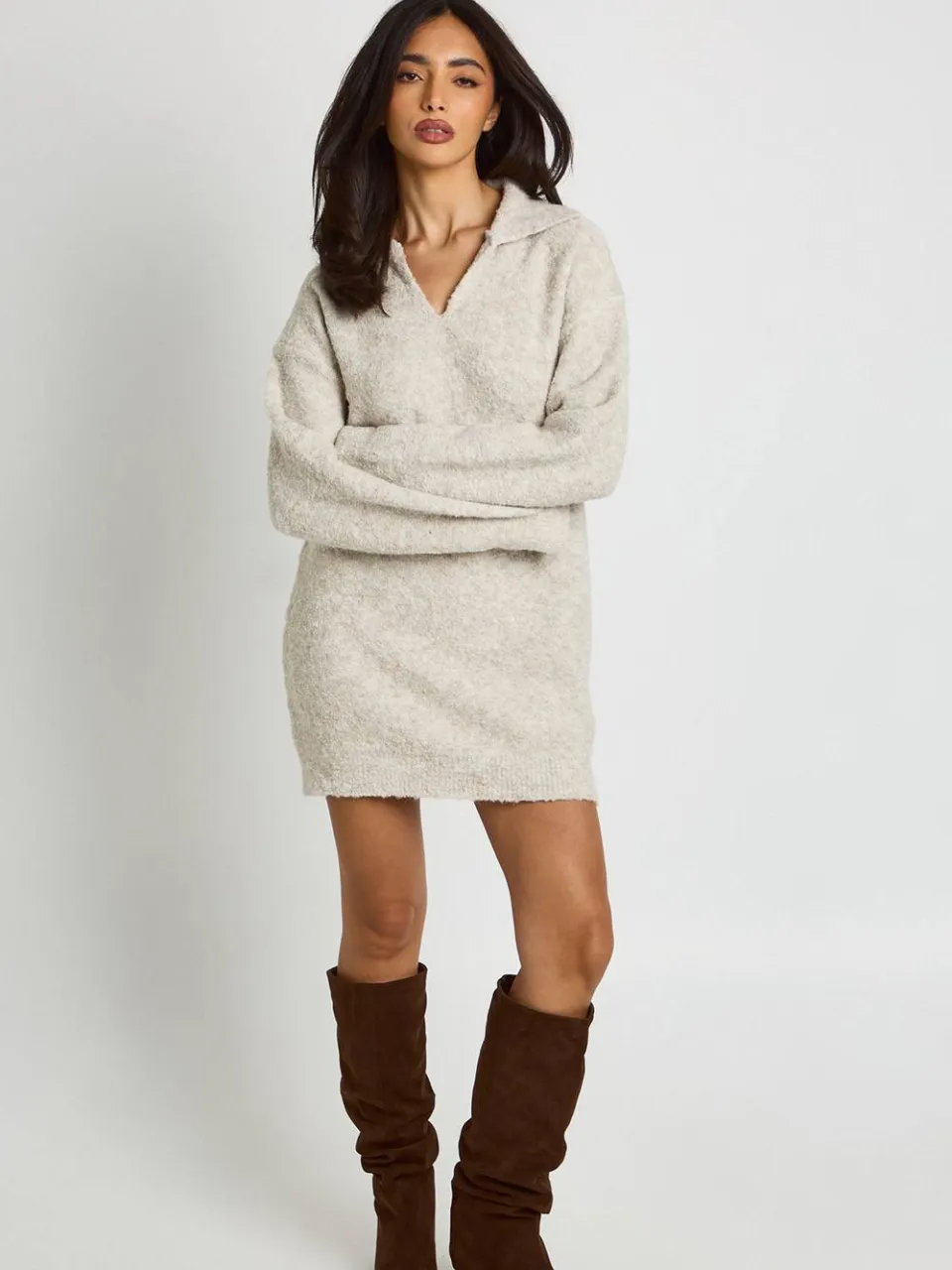 boohoo Dames Mini-trui-jurk Van Boucle-brei Met Kraag steen, foto 2