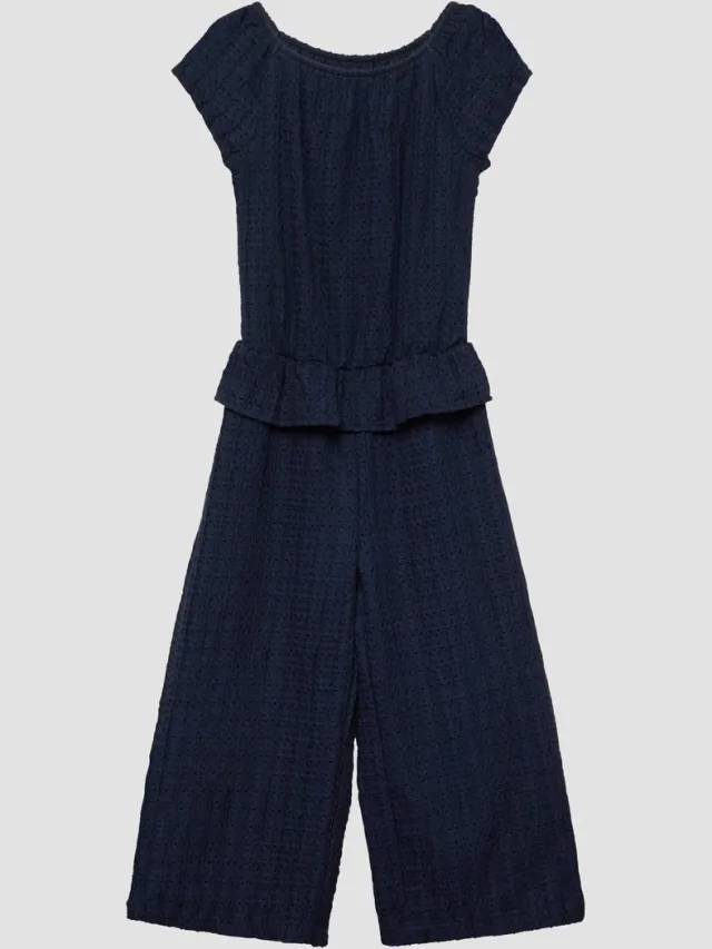S.Oliver female - Gestructureerde jumpsuit met kantpatroon en volants navy