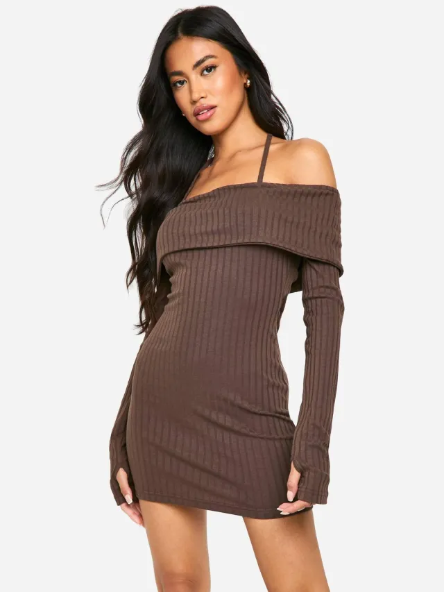 boohoo Dames Wide Rib Bardot Tie Mini Jurk chocoladebruin, foto 2