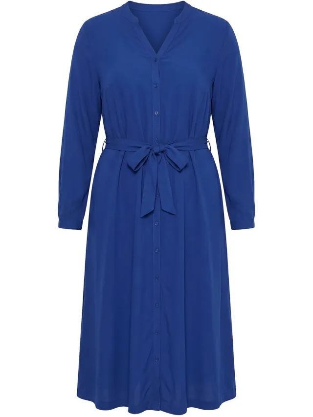 MIAMODA Dames - Midi-jurk A-lijn strikceintuur knoopsluiting lange mouw - Donkerblauw
