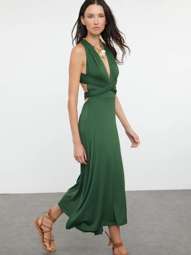 Trendyol TRENDYOLMİLLA Dames Kaki Effen Midi Mouwloos Strandkleding Bodycon Strandjurken