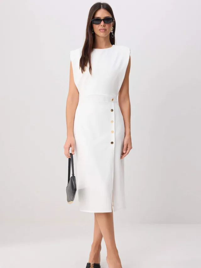 Trendyol TRENDYOLMİLLA Dames Ecru Effen Midi Mouwloos Bodycon Jurken
